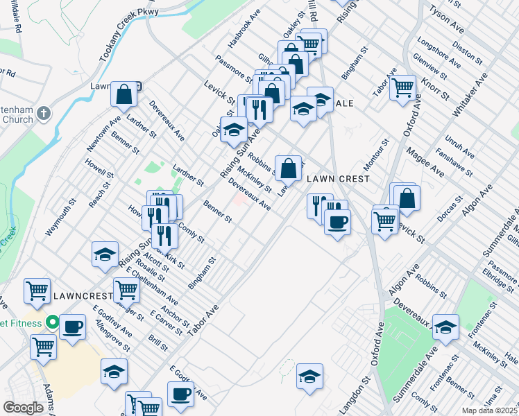 map of restaurants, bars, coffee shops, grocery stores, and more near 610 Devereaux Avenue in Philadelphia