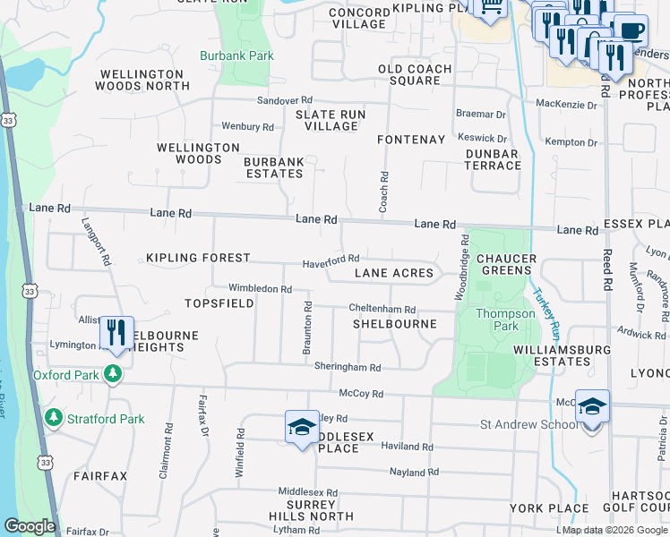 map of restaurants, bars, coffee shops, grocery stores, and more near 2349 Haverford Road in Columbus