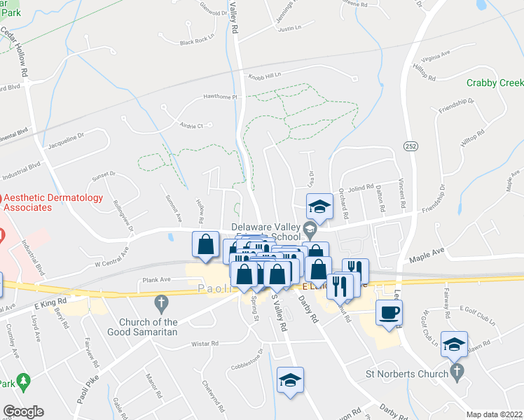 map of restaurants, bars, coffee shops, grocery stores, and more near 10 East Central Avenue in Paoli