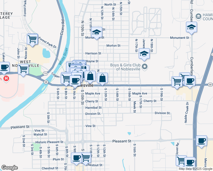 map of restaurants, bars, coffee shops, grocery stores, and more near in Noblesville