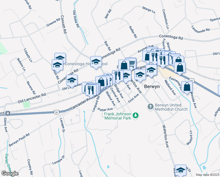 map of restaurants, bars, coffee shops, grocery stores, and more near 802 Lancaster Avenue in Berwyn