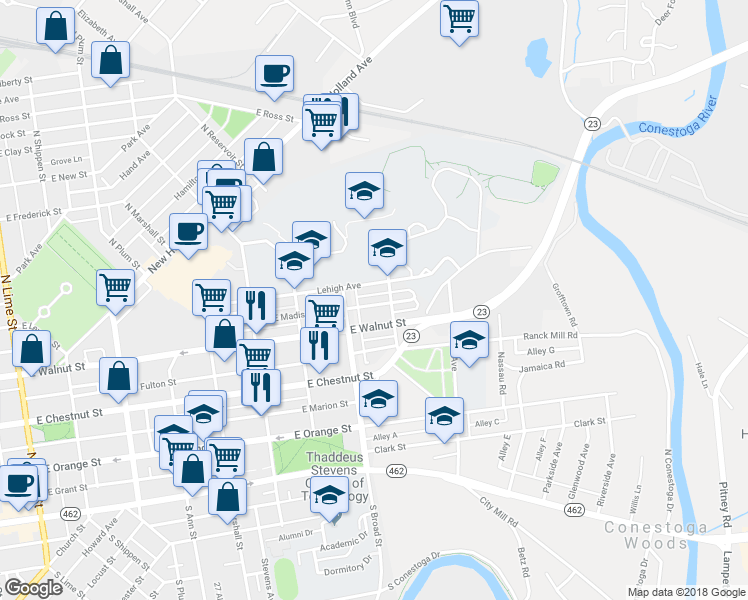 map of restaurants, bars, coffee shops, grocery stores, and more near 937 E Madison St in Lancaster