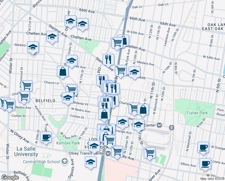map of restaurants, bars, coffee shops, grocery stores, and more near 1408 Green Lane in Philadelphia