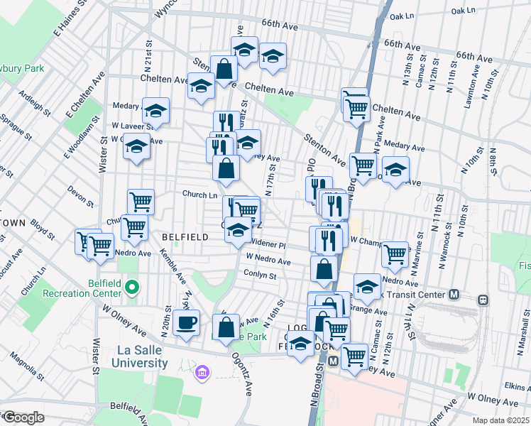 map of restaurants, bars, coffee shops, grocery stores, and more near 1702 Roselyn Street in Philadelphia