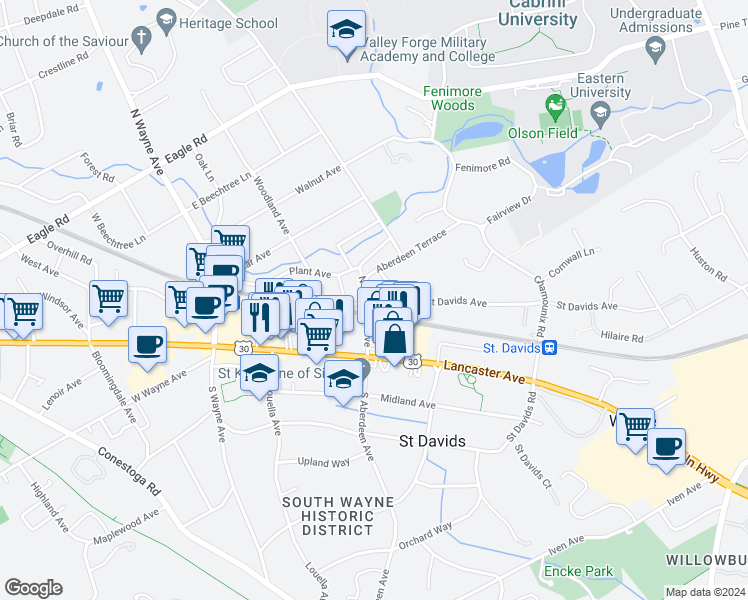 map of restaurants, bars, coffee shops, grocery stores, and more near 201-203 North Aberdeen Avenue in Wayne