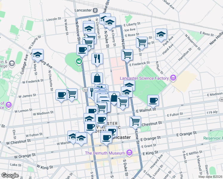 map of restaurants, bars, coffee shops, grocery stores, and more near 430 North Duke Street in Lancaster