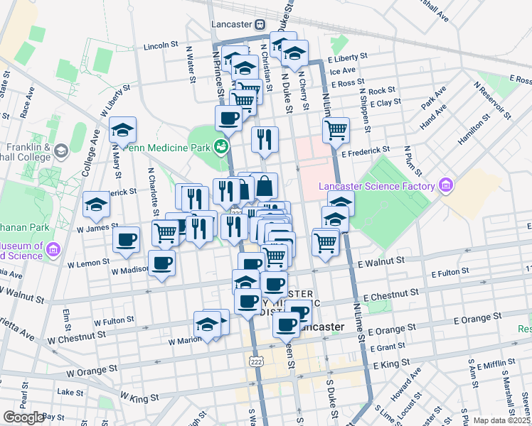 map of restaurants, bars, coffee shops, grocery stores, and more near 447 North Market Street in Lancaster