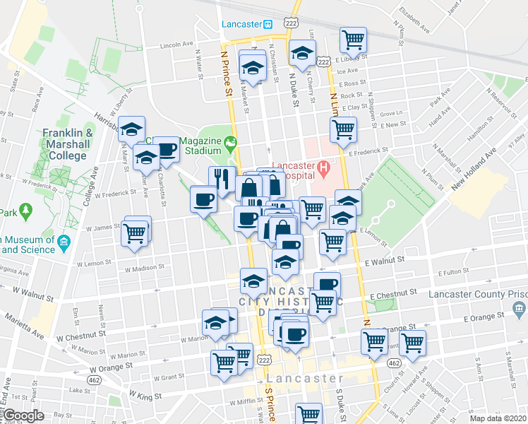 map of restaurants, bars, coffee shops, grocery stores, and more near 447 North Market Street in Lancaster
