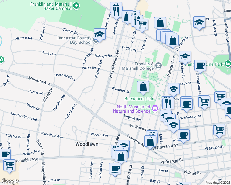 map of restaurants, bars, coffee shops, grocery stores, and more near 438 State Street in Lancaster