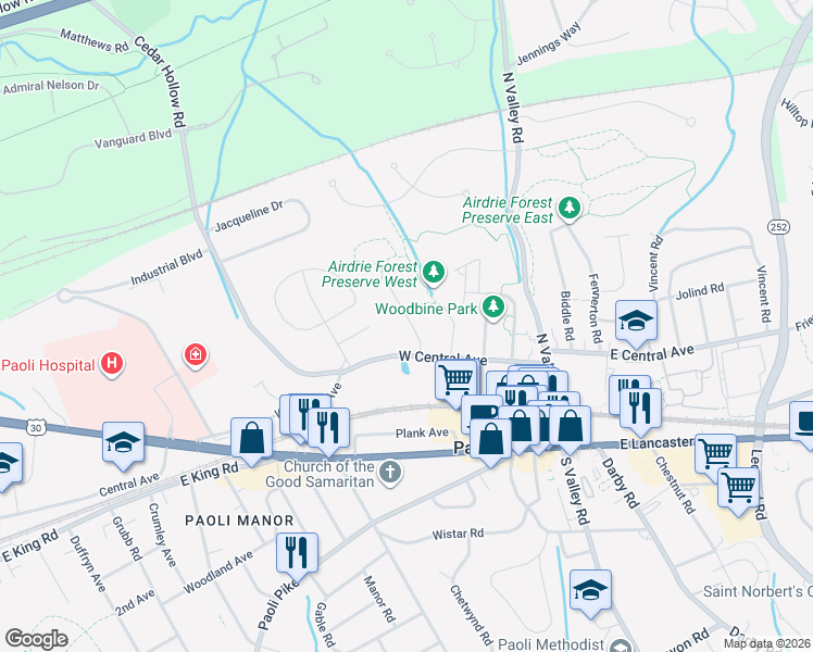 map of restaurants, bars, coffee shops, grocery stores, and more near 18 Summit Avenue in Paoli