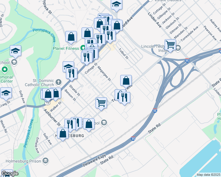 map of restaurants, bars, coffee shops, grocery stores, and more near 8749 Ditman Street in Philadelphia