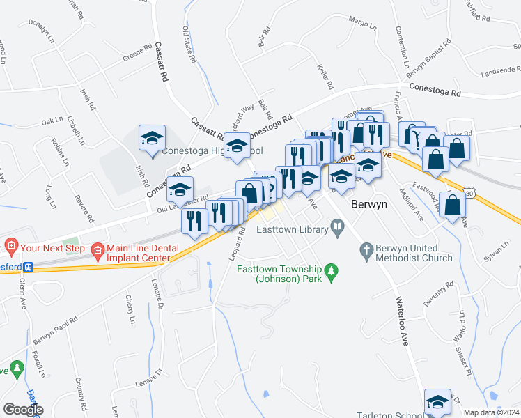 map of restaurants, bars, coffee shops, grocery stores, and more near 1012 E Lancaster Ave in Chester