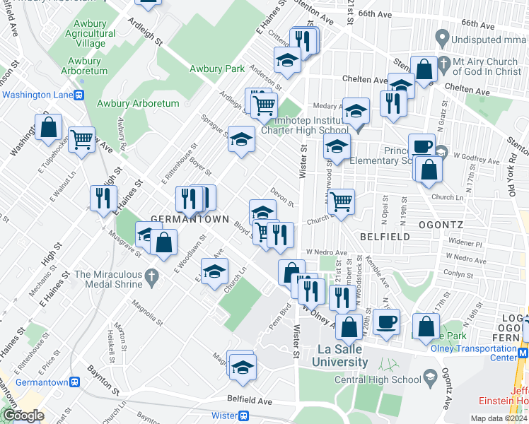 map of restaurants, bars, coffee shops, grocery stores, and more near 5535 Boyer Street in Philadelphia