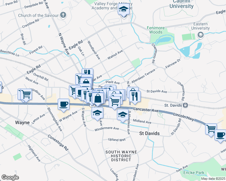 map of restaurants, bars, coffee shops, grocery stores, and more near 200 Pennsylvania Avenue in Wayne