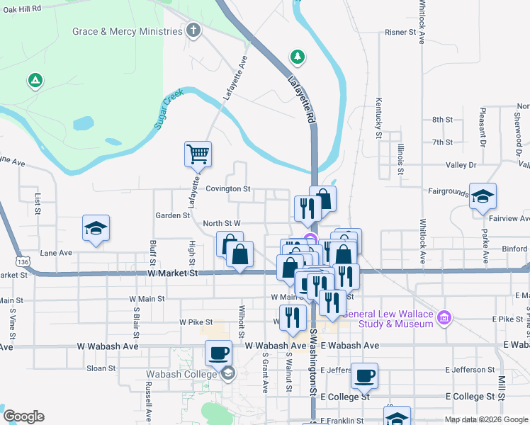 map of restaurants, bars, coffee shops, grocery stores, and more near 408 North Grant Avenue in Crawfordsville