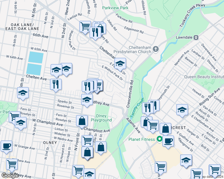 map of restaurants, bars, coffee shops, grocery stores, and more near 6311 Foxhill Road in Philadelphia
