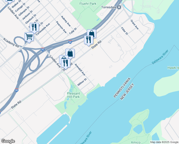map of restaurants, bars, coffee shops, grocery stores, and more near 47201 Delaire Landing Road in Philadelphia