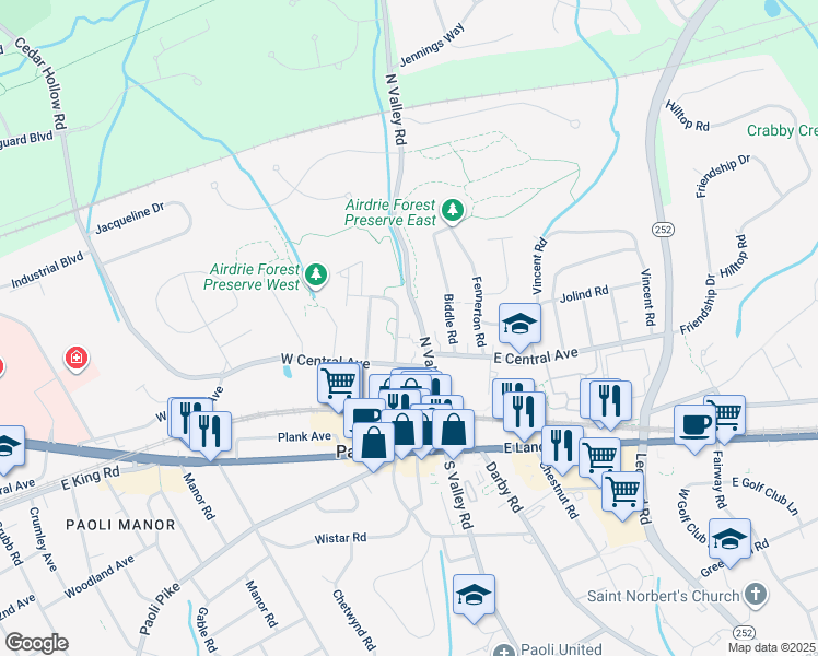 map of restaurants, bars, coffee shops, grocery stores, and more near 24 Woodbine Avenue in Paoli