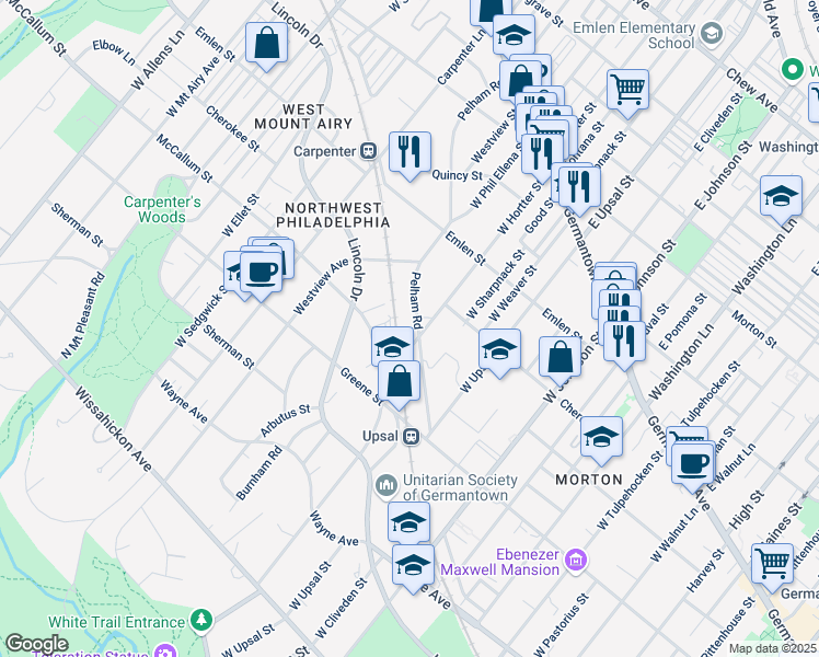 map of restaurants, bars, coffee shops, grocery stores, and more near 375 Pelham Road in Philadelphia