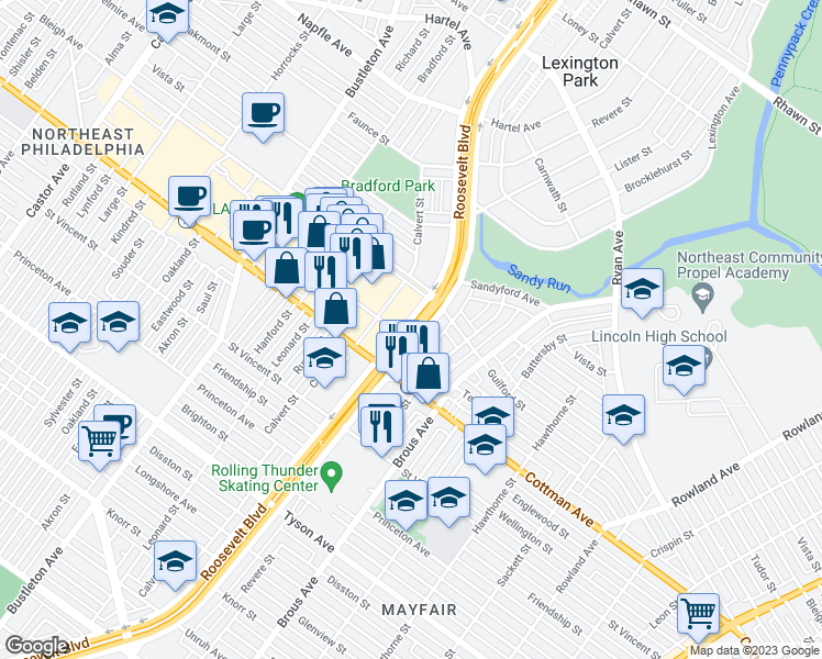 map of restaurants, bars, coffee shops, grocery stores, and more near 7340 Roosevelt Boulevard in Philadelphia