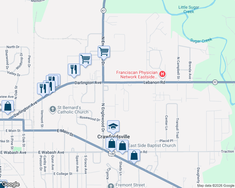 map of restaurants, bars, coffee shops, grocery stores, and more near 410 Fairlane Drive in Crawfordsville