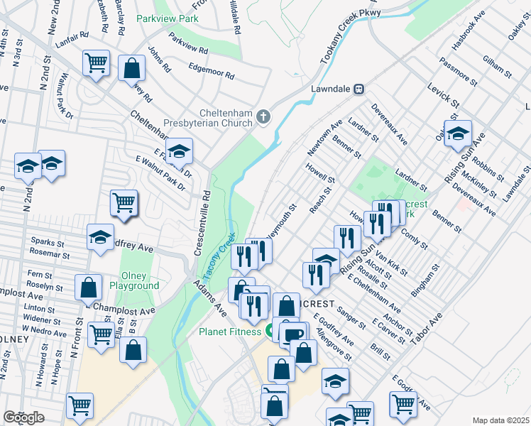 map of restaurants, bars, coffee shops, grocery stores, and more near Cheltenham Avenue in Philadelphia