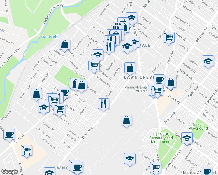 map of restaurants, bars, coffee shops, grocery stores, and more near 610 Devereaux Avenue in Philadelphia