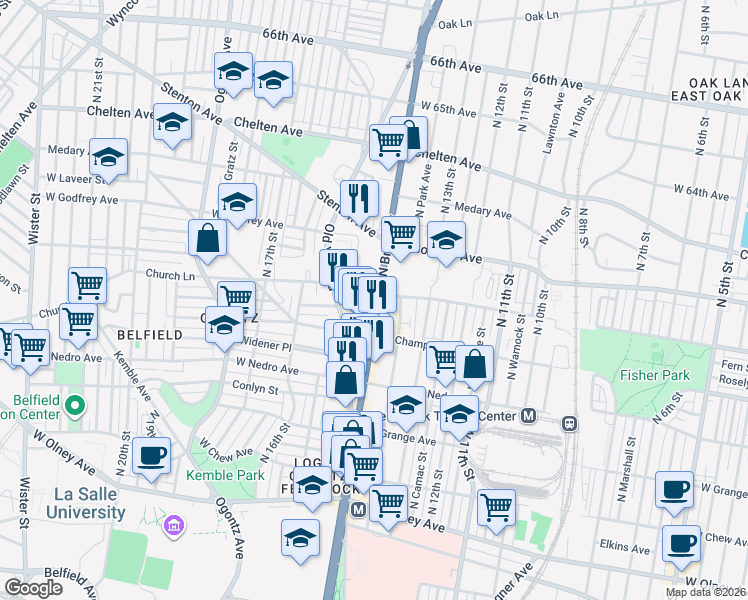 map of restaurants, bars, coffee shops, grocery stores, and more near 1408 Green Lane in Philadelphia