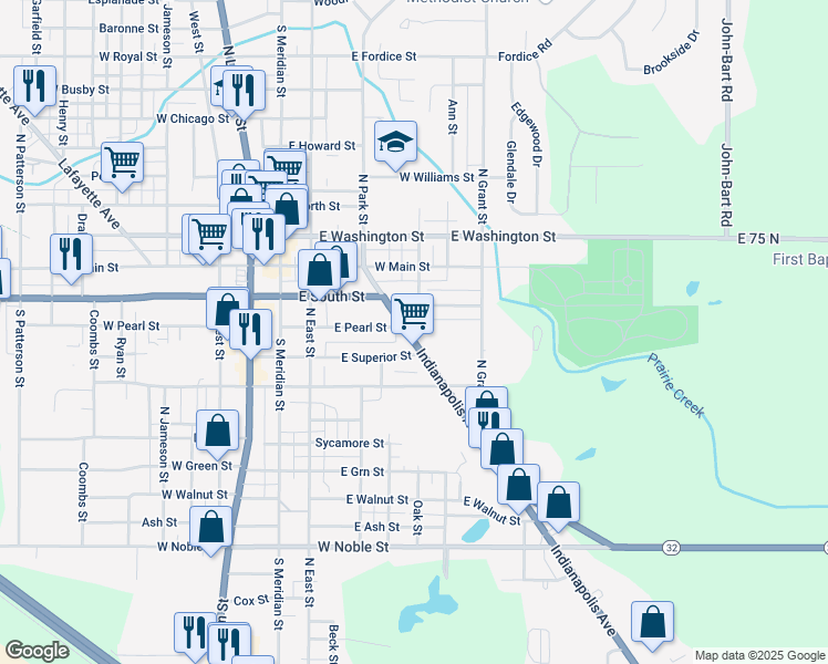 map of restaurants, bars, coffee shops, grocery stores, and more near 303 Indianapolis Avenue in Lebanon