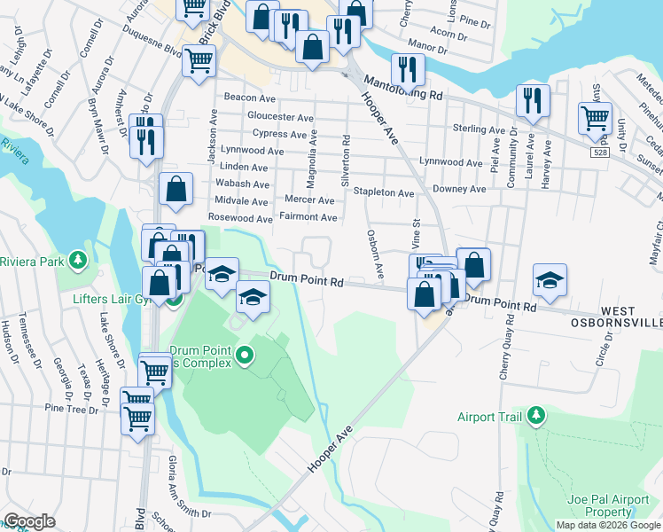map of restaurants, bars, coffee shops, grocery stores, and more near 100 Drum Point Road in Brick Township