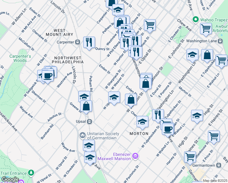 map of restaurants, bars, coffee shops, grocery stores, and more near 133 West Upsal Street in Philadelphia