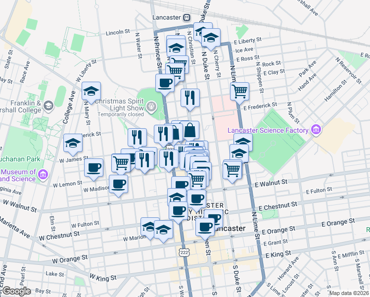 map of restaurants, bars, coffee shops, grocery stores, and more near 22 West James Street in Lancaster