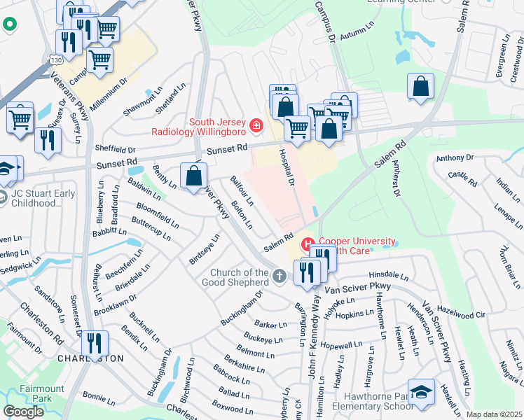 map of restaurants, bars, coffee shops, grocery stores, and more near 59 Balfour Lane in Willingboro