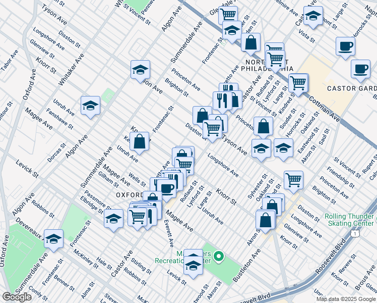 map of restaurants, bars, coffee shops, grocery stores, and more near 1415 Glenview Street in Philadelphia