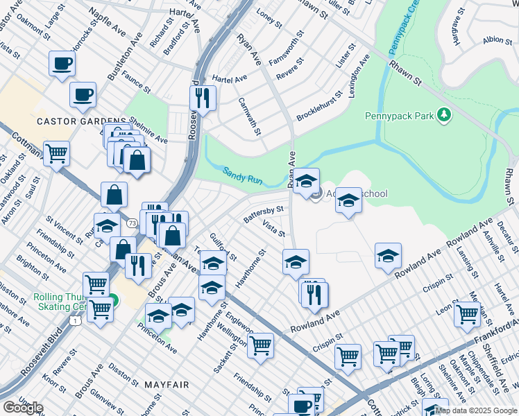 map of restaurants, bars, coffee shops, grocery stores, and more near 7530 Battersby Street in Philadelphia