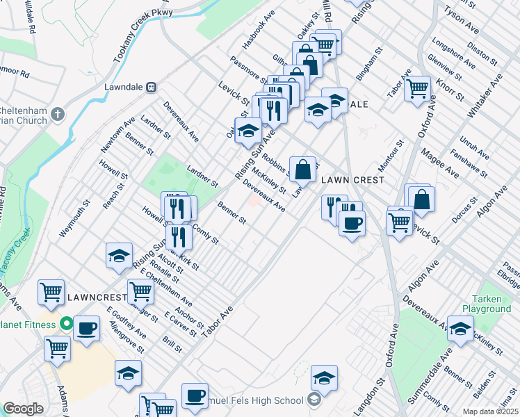 map of restaurants, bars, coffee shops, grocery stores, and more near 6128 Bingham Street in Philadelphia