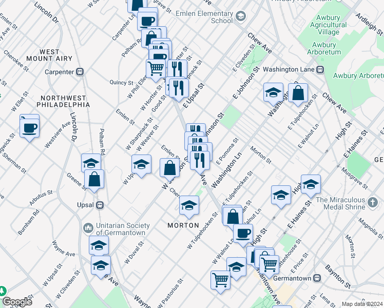 map of restaurants, bars, coffee shops, grocery stores, and more near 10 West Johnson Street in Philadelphia