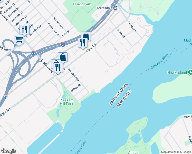 map of restaurants, bars, coffee shops, grocery stores, and more near 71204 Delaire Landing Road in Philadelphia
