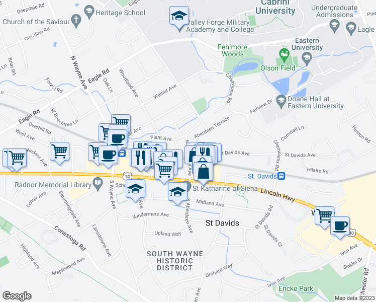 map of restaurants, bars, coffee shops, grocery stores, and more near 201-203 North Aberdeen Avenue in Wayne