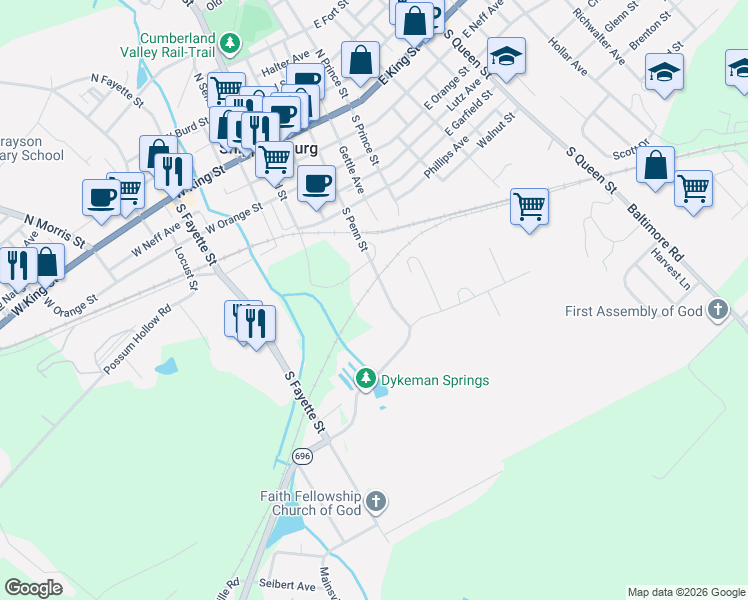 map of restaurants, bars, coffee shops, grocery stores, and more near 408 South Penn Street in Shippensburg