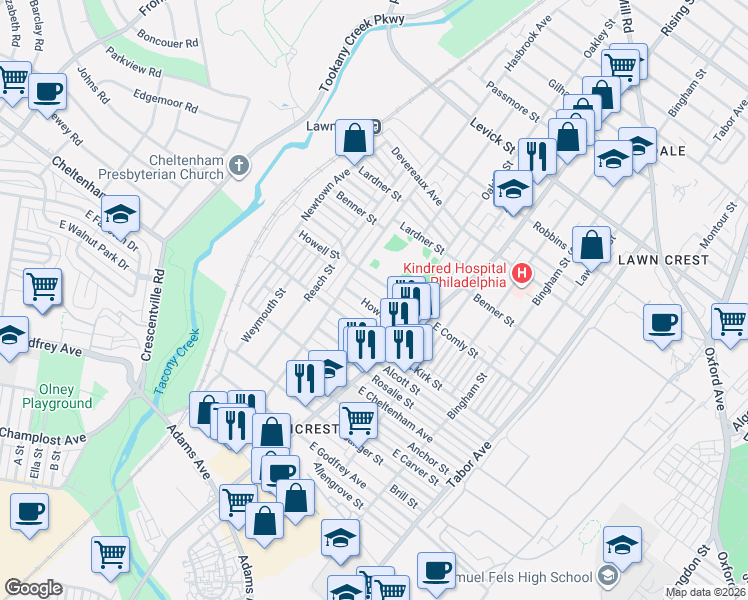 map of restaurants, bars, coffee shops, grocery stores, and more near 439 Howell Street in Philadelphia