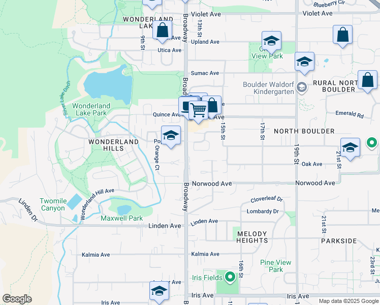 map of restaurants, bars, coffee shops, grocery stores, and more near 1258 Oakleaf Circle in Boulder