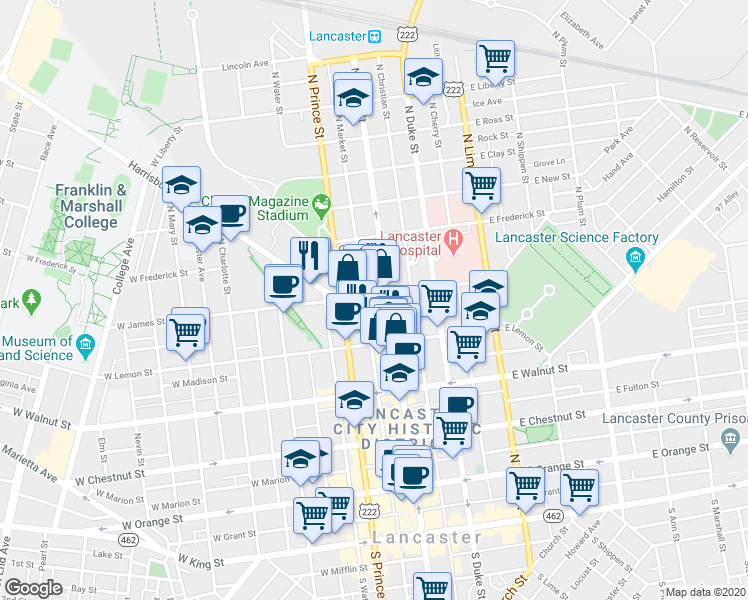 map of restaurants, bars, coffee shops, grocery stores, and more near 18 West James Street in Lancaster