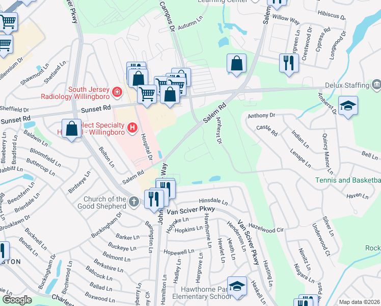 map of restaurants, bars, coffee shops, grocery stores, and more near 29 Peregrine Way in Willingboro