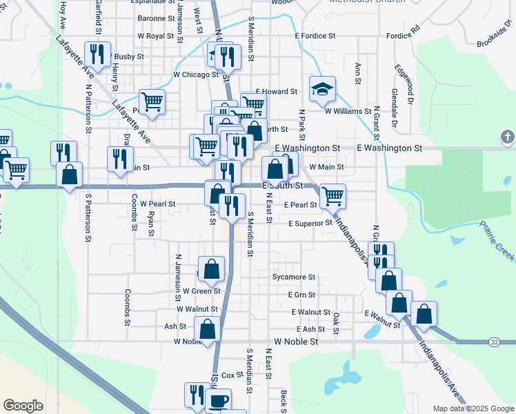 map of restaurants, bars, coffee shops, grocery stores, and more near 109 East Pearl Street in Lebanon