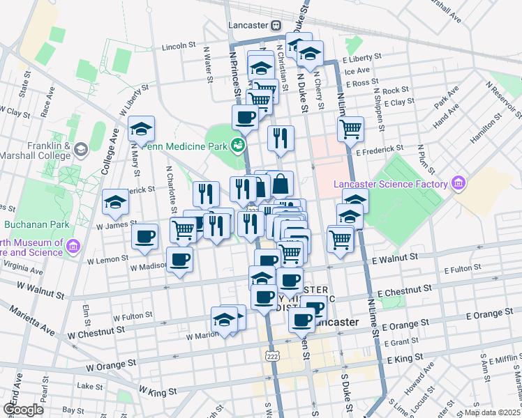 map of restaurants, bars, coffee shops, grocery stores, and more near 42 West James Street in Lancaster