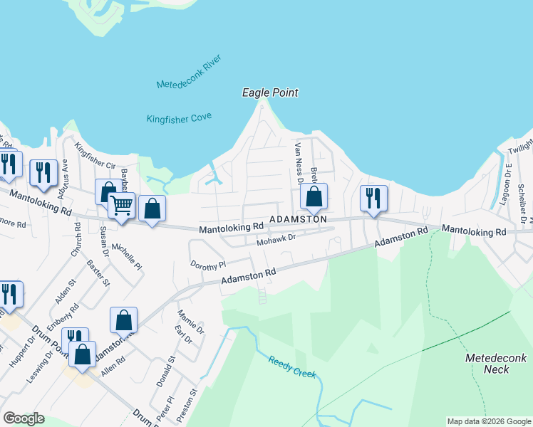 map of restaurants, bars, coffee shops, grocery stores, and more near 470 Woodpark Drive in Brick Township