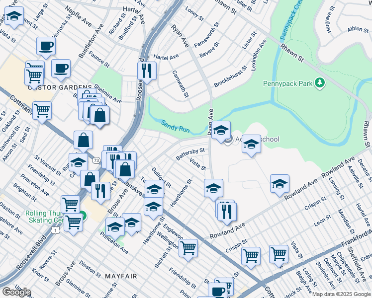 map of restaurants, bars, coffee shops, grocery stores, and more near 7528 Battersby Street in Philadelphia