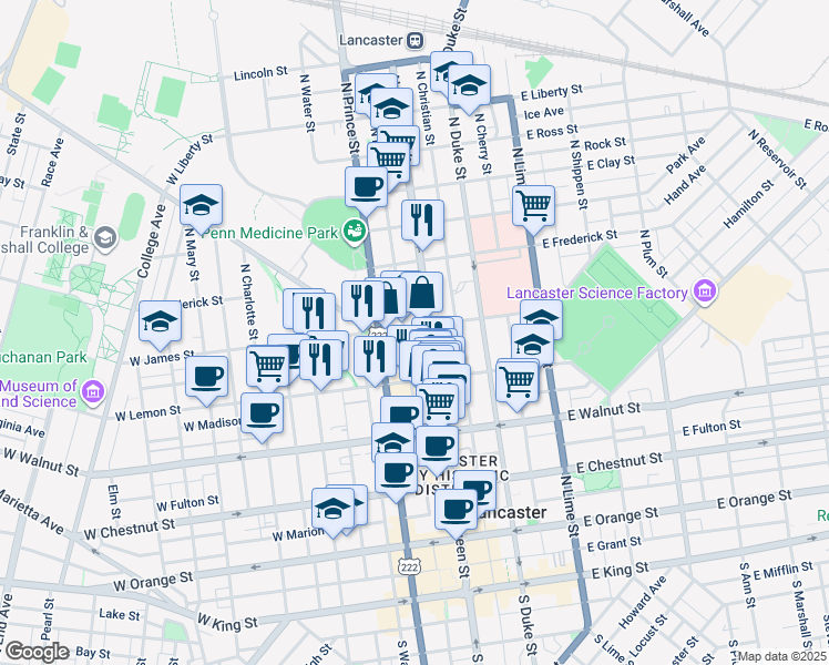map of restaurants, bars, coffee shops, grocery stores, and more near 18 West James Street in Lancaster