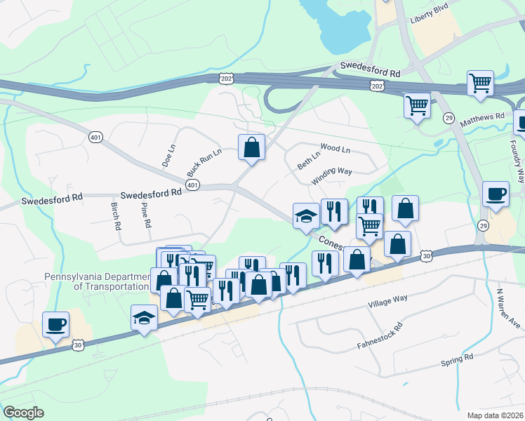 map of restaurants, bars, coffee shops, grocery stores, and more near 84 Conestoga Road in Malvern